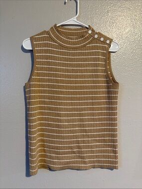 Sleeveless Striped Knit Shell with Button Detail - Camel